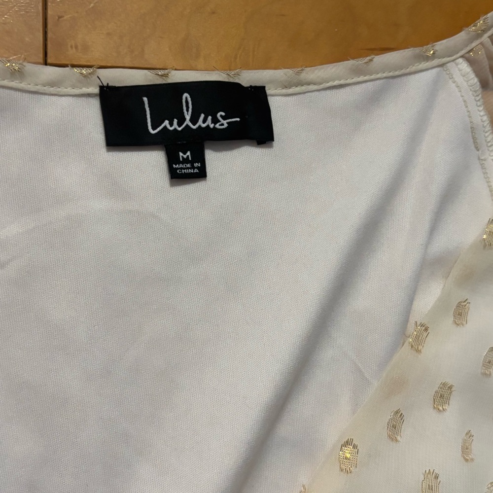 Lulus All The Cheers Cream and Gold Dotted Smocked Mini Dress Womens Size Medium - Picture 4 of 6